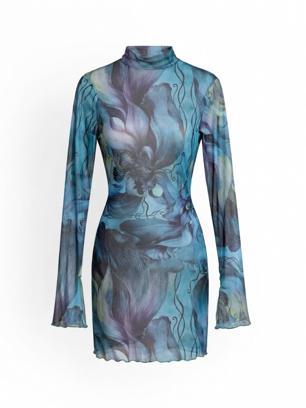 Windsor Blue Floral-Print Sheer Long-Sleeve Mini Dress